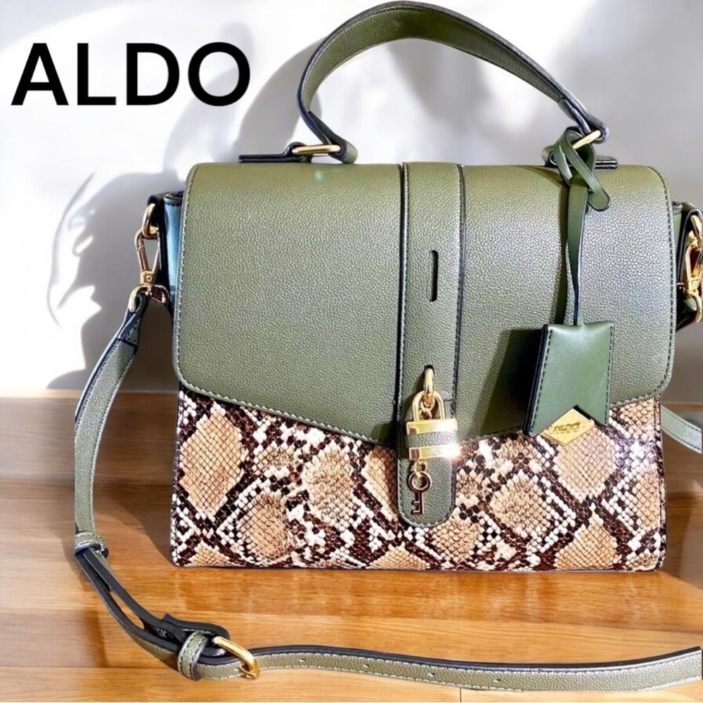 ALDO-NWOT Green/faux python Nanamarynn Satchel bag, gold hardware, 4 pockets.